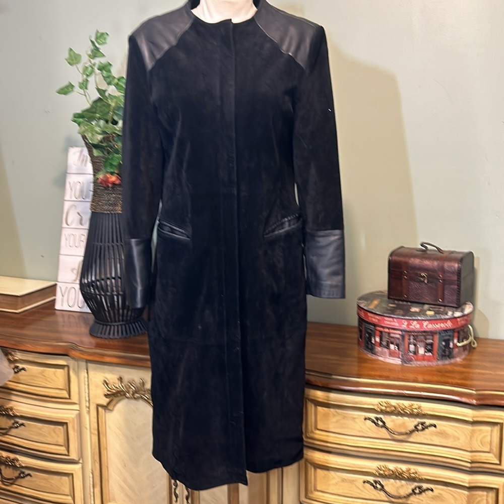 Terry Lewis Long Black Hidden Zip Front Leather & Suede Jacket